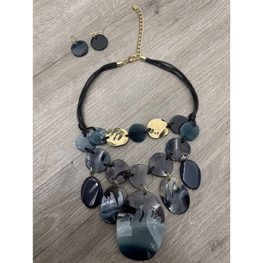 Statement Necklace Set Black Gray Blue Gold Abstract Bib Necklace Earrings - Picture 1 of 3